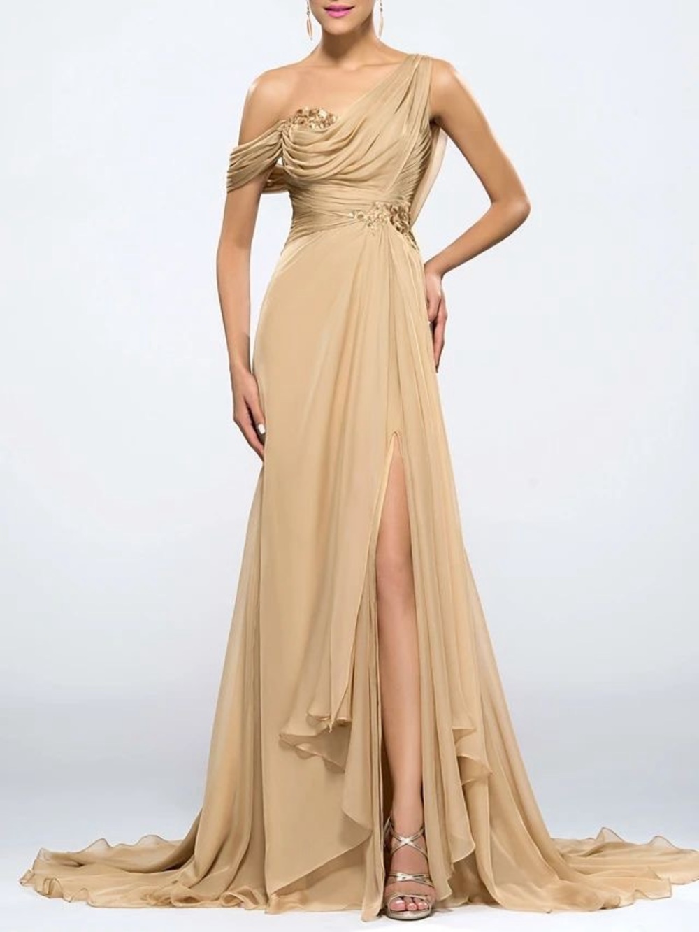 Bridess Front-Split One-Shoulder Floor Length Sequins Champagne Gold Gown